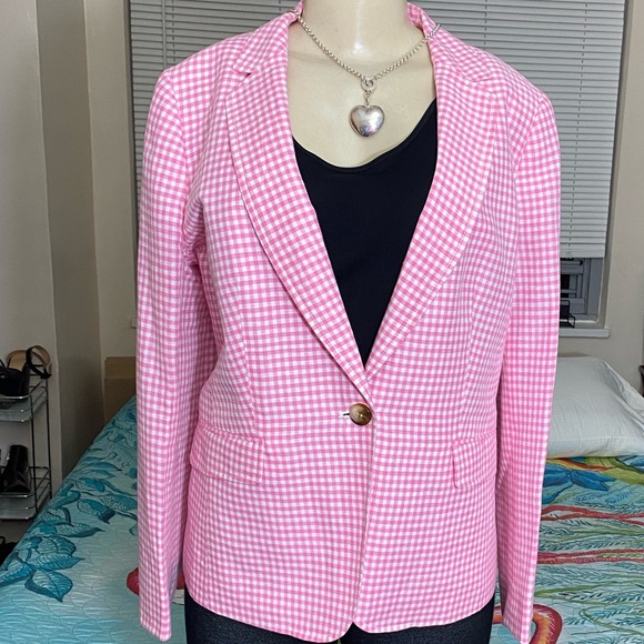 NWOT Talbots Classic Summer Blazer Pink/White Gingham Linen Blend Size 14p - Picture 2 of 11